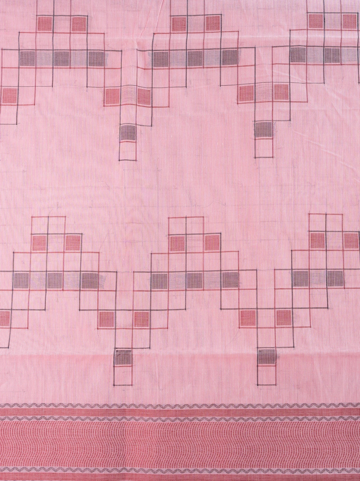 Pink silk cotton saree with grey geometric motifs and contrast border
