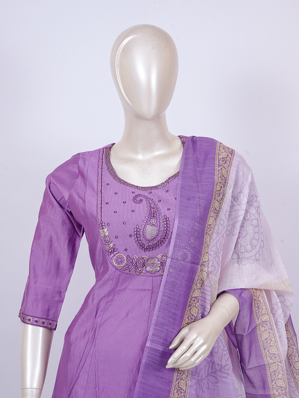 Lavender paisley embroidered kurti set with straight pants and gold border dupatta