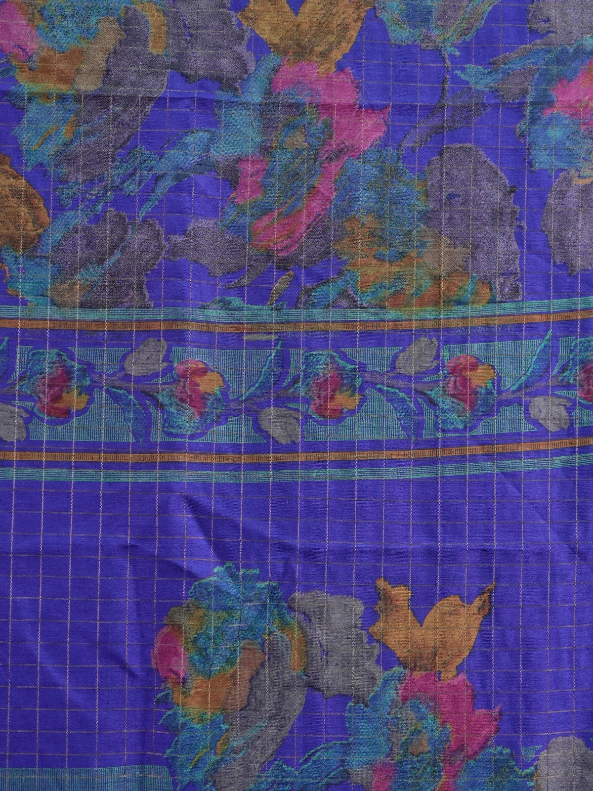 Purple Dola silk saree with multicolour floral print and contrast green gold-zari border