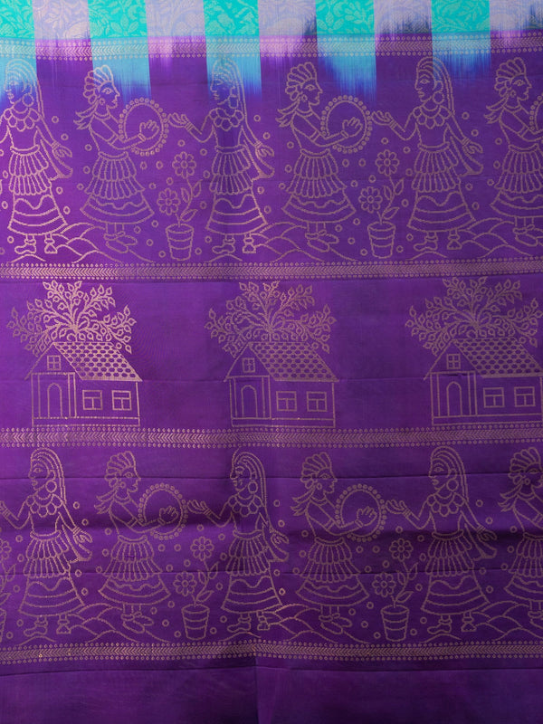 Green, pink and purple checked soft silk saree with gold zari folk-motif purple pallu