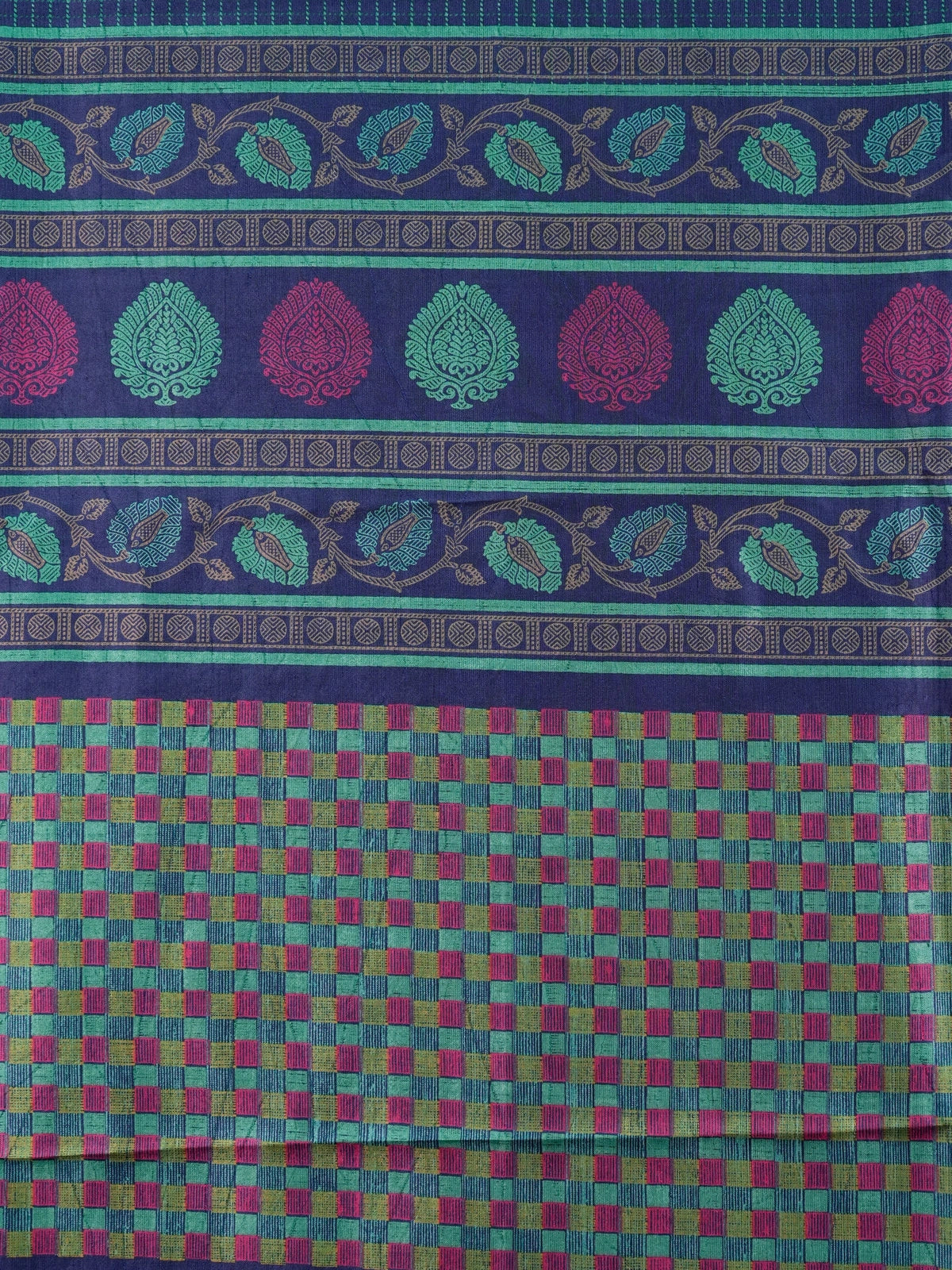Navy blue Dola silk saree with teal-green contrast checked border and paisley motif pallu