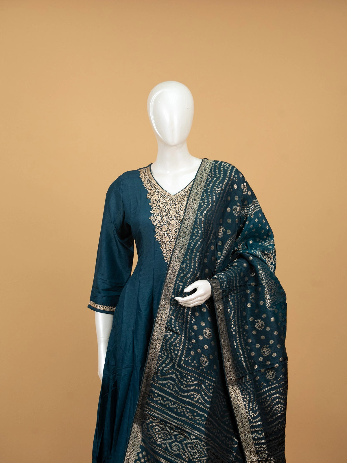 Teal Blue Art Silk Zari Embroidered Anarkali Kurti Set with Bandhani Dupatta