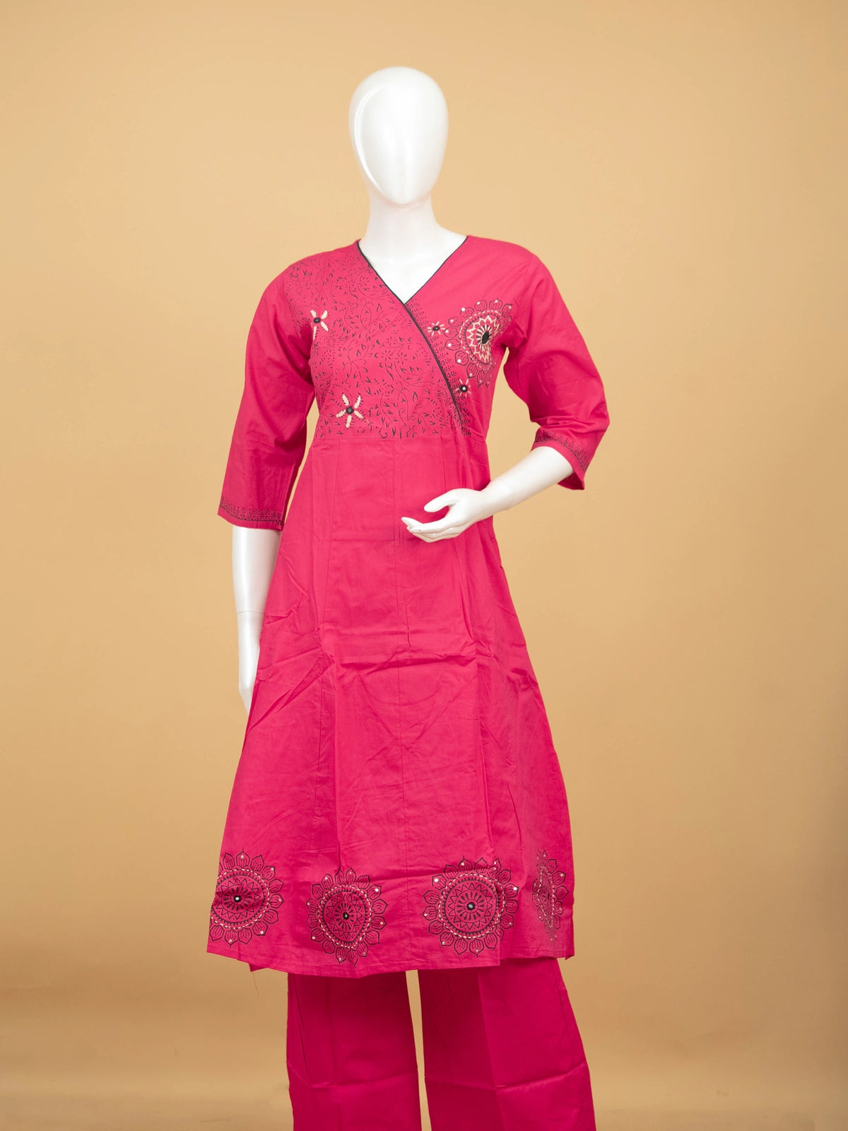 Rani Pink Cotton Angrakha Anarkali Kurti Set with black mandala-print dupatta