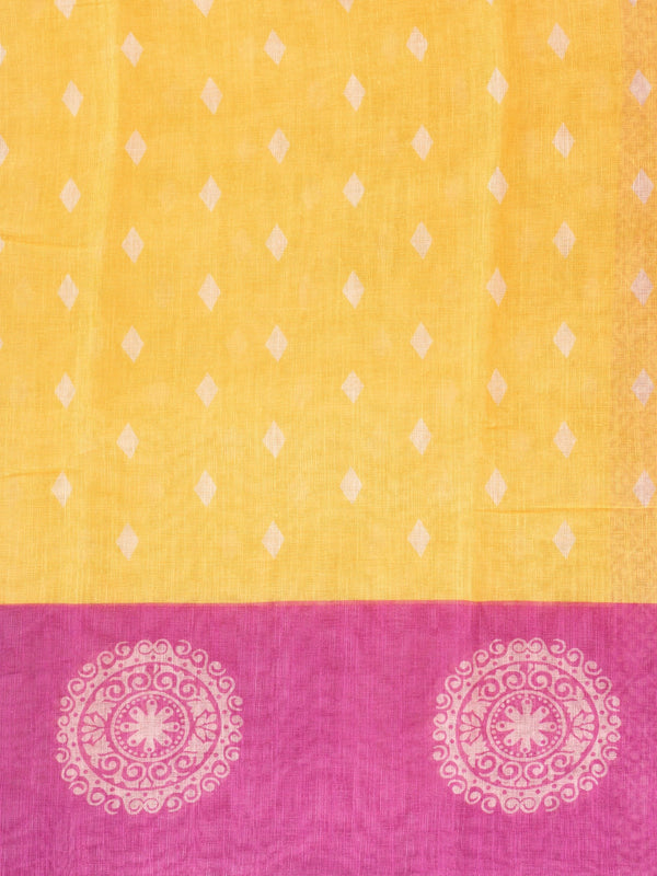 Yellow linen cotton saree with white diamond buttas and contrast pink border and pallu
