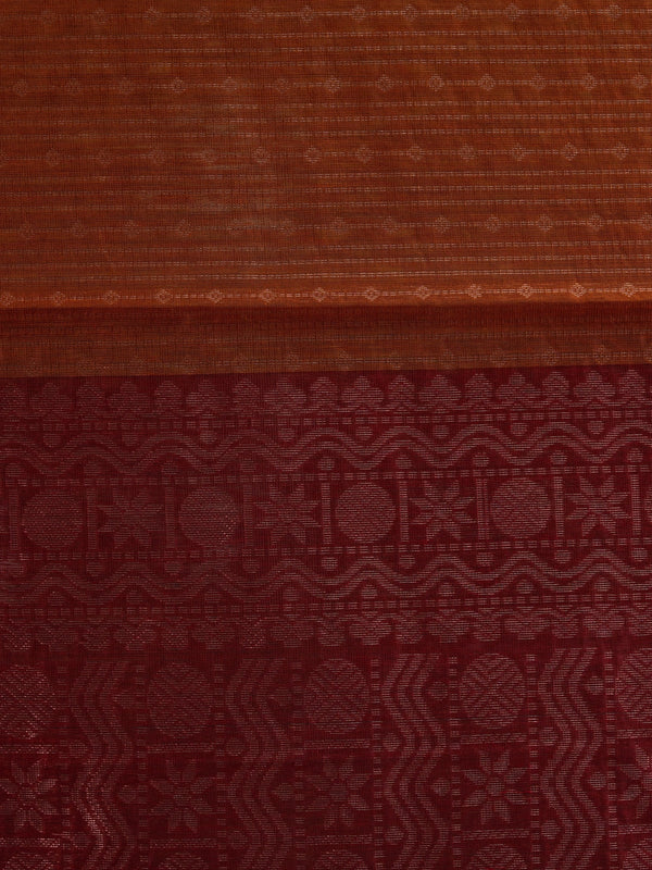Rust brown silk cotton saree with contrast maroon zari border and woven pallu