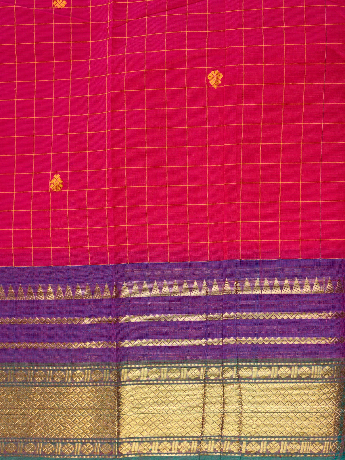 Pink Chettinad cotton saree with checked body, woven buttas, and contrast purple gold zari border