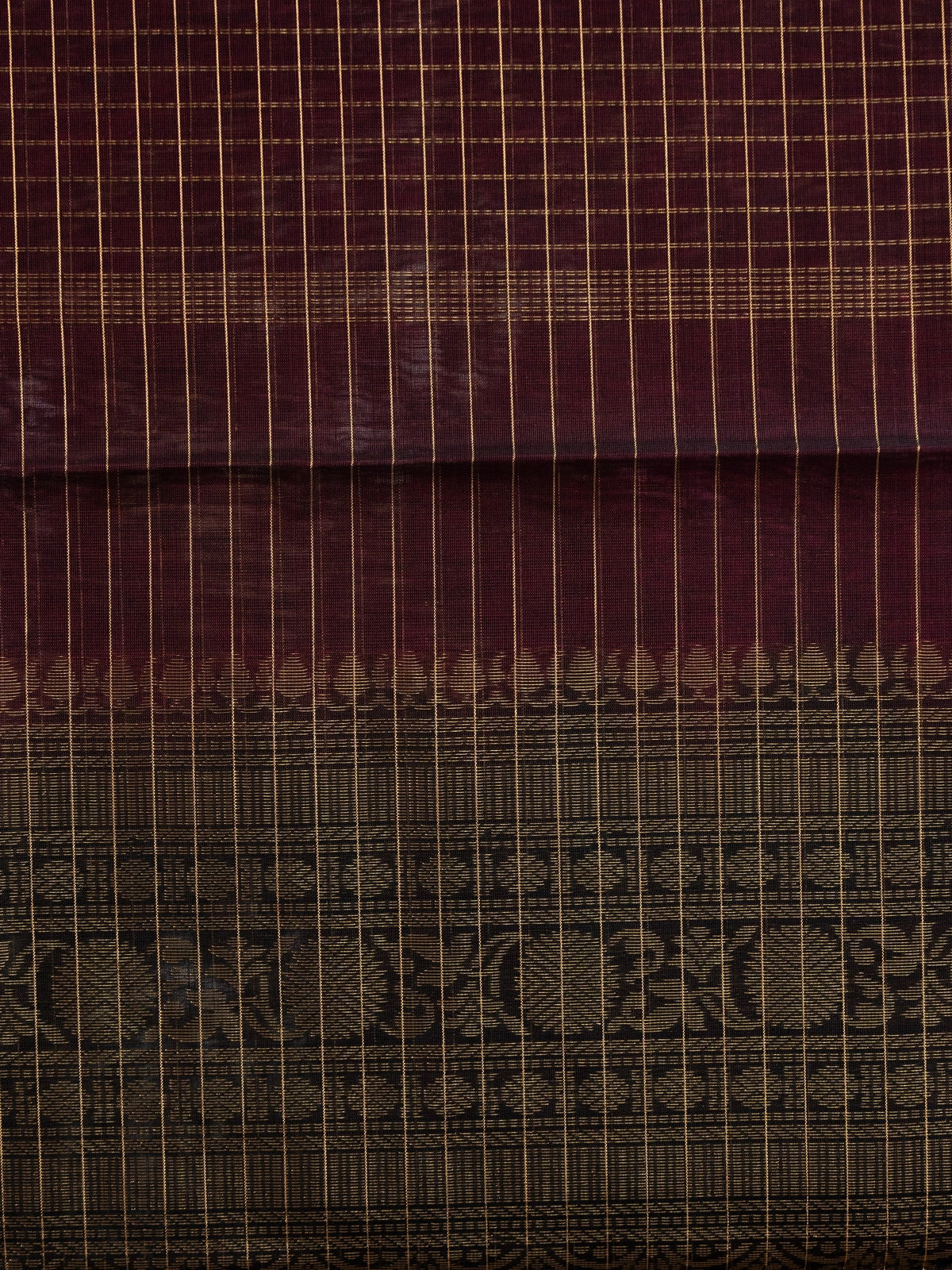 Maroon pure silk cotton saree with gold zari checks and contrast black temple border