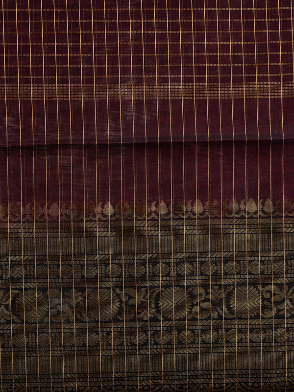 Maroon pure silk cotton saree with gold zari checks and contrast black temple border