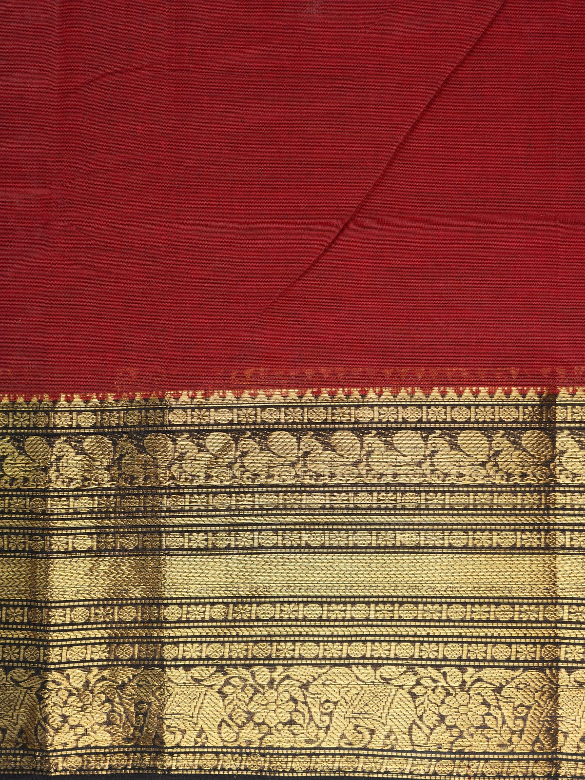 Maroon Chettinad cotton saree with black and gold zari contrast border