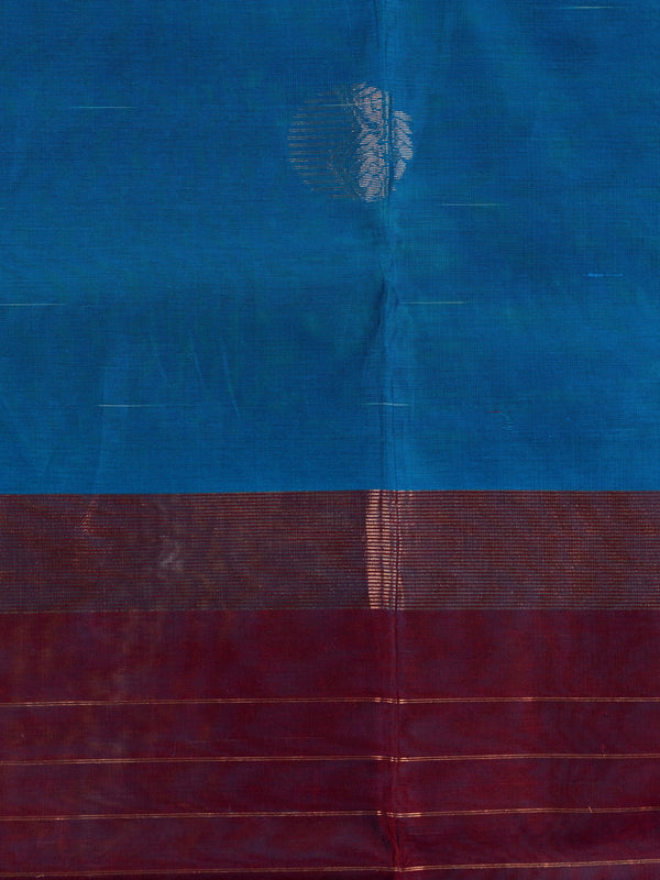 Peacock blue silk cotton saree with maroon contrast zari border and woven butta motifs