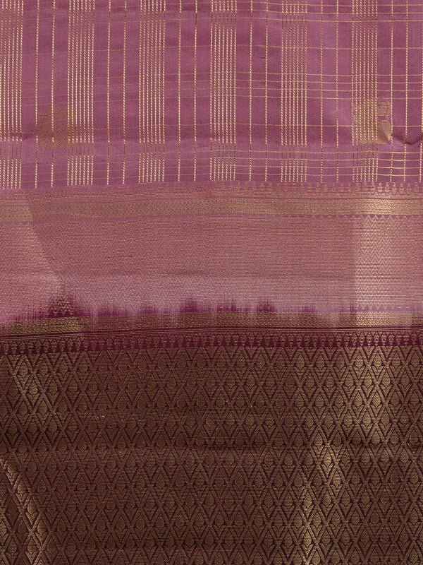 Dusty mauve pure Kanchipuram silk saree with wine contrast border and gold zari pallu