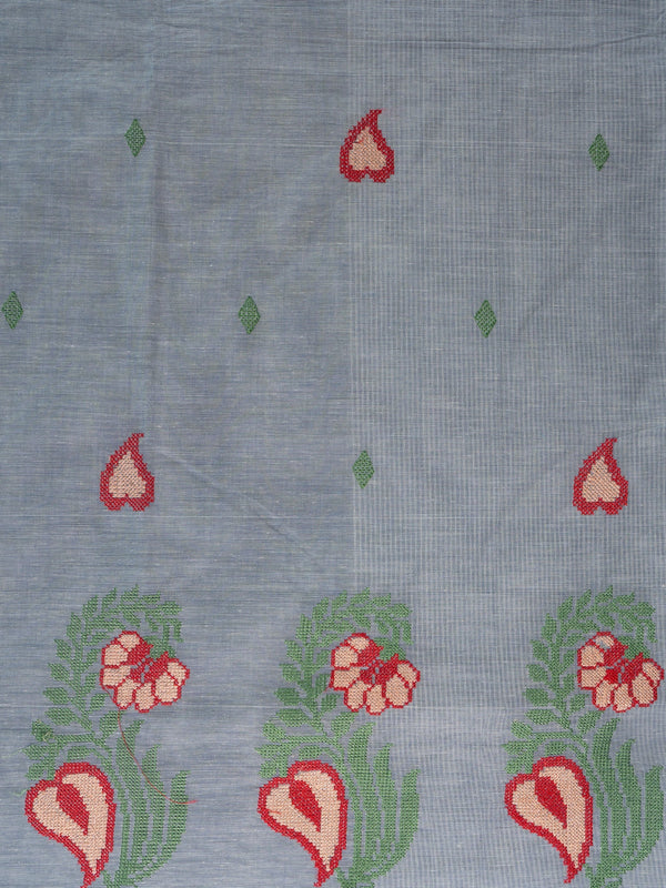 Grey linen cotton saree with red and cream floral buta motifs and striped pallu