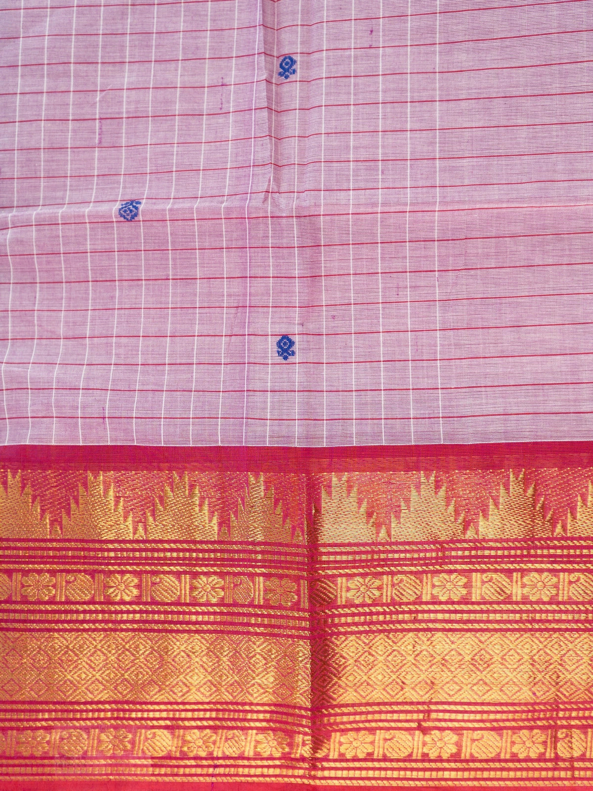 Lilac pink Chettinad cotton saree with red gold zari temple border and blue buttas