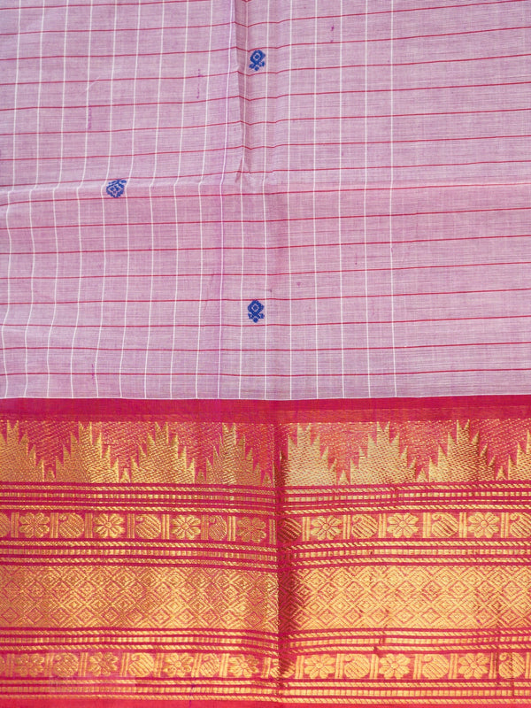 Lilac pink Chettinad cotton saree with red gold zari temple border and blue buttas