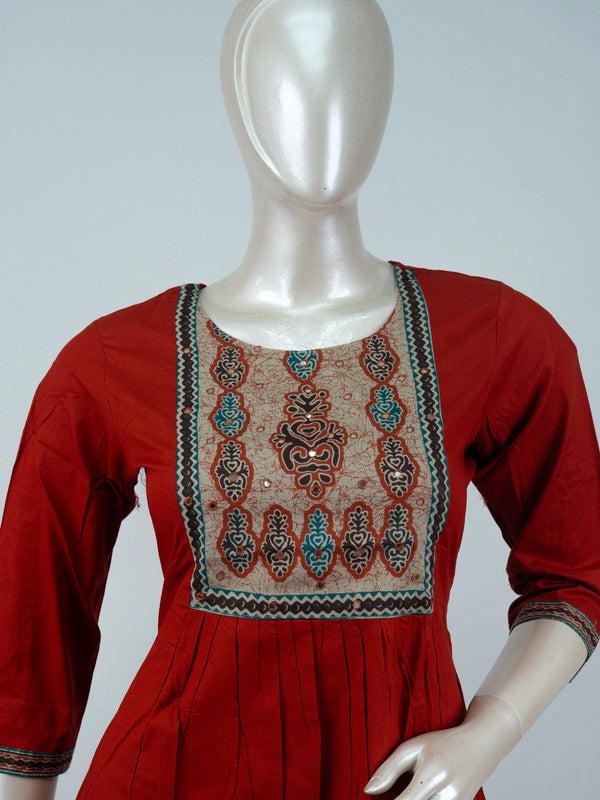 Rust Red Cotton Mirror Work Anarkali Kurti Set with Ajrakh printed dupatta and straight pants
