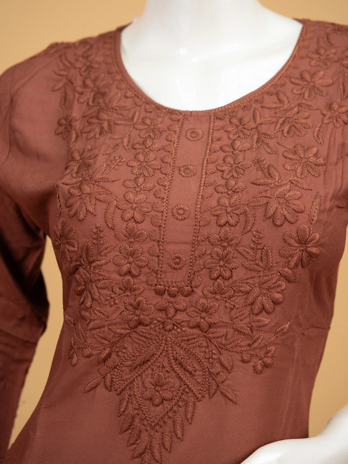 Rust Brown Cotton Embroidered Straight Cut Kurti Set with Palazzo and Dupatta