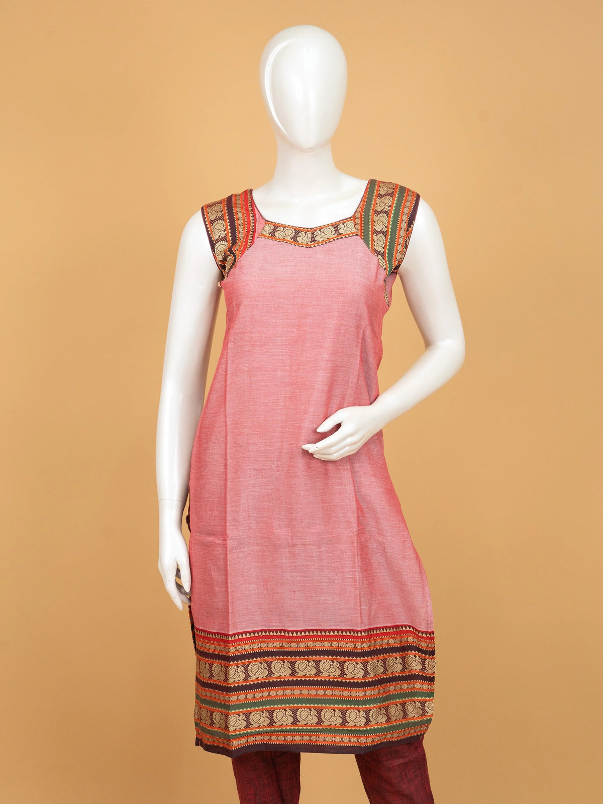 Rose pink handloom cotton straight cut kurti set with peacock woven border and matching dupatta