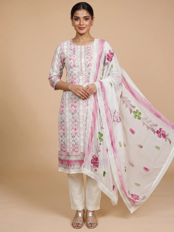 Off-white kurti set with pink multicolour floral embroidery and a floral-print lace-border dupatta