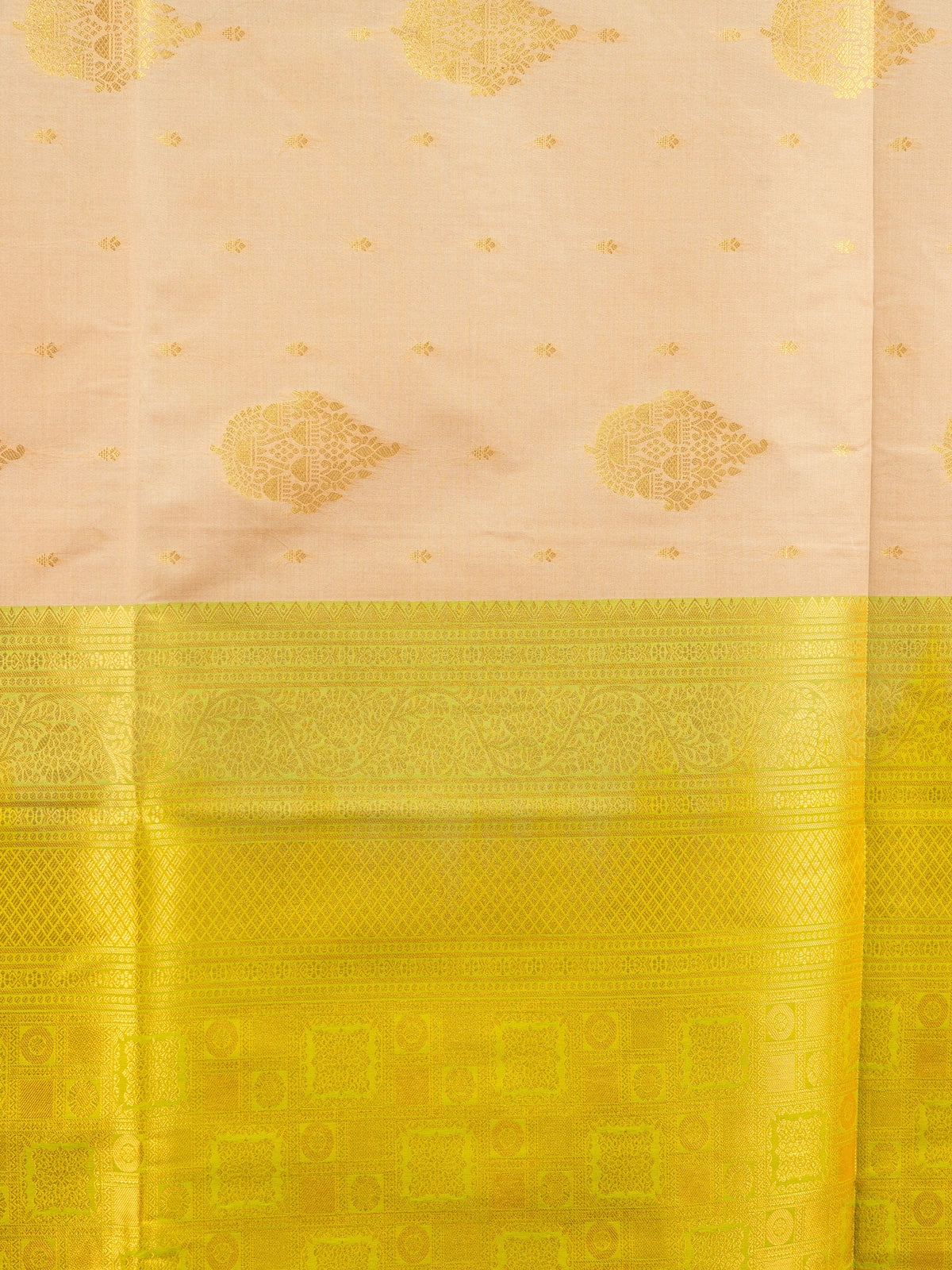 Beige semi silk saree with lime green gold zari contrast border and zari pallu