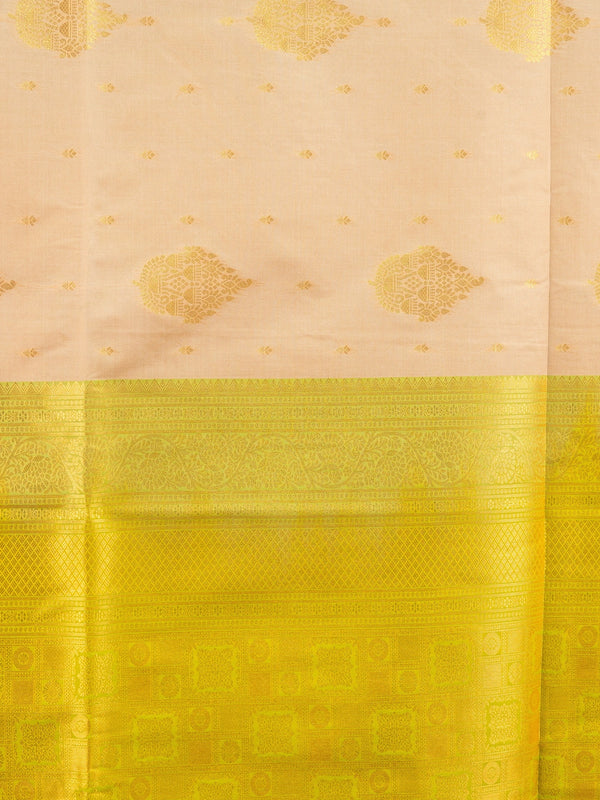 Beige semi silk saree with lime green gold zari contrast border and zari pallu