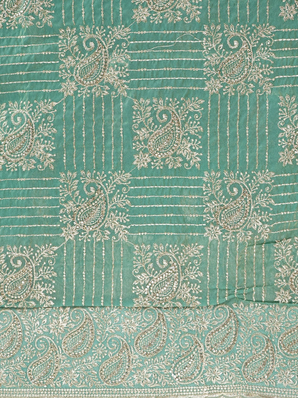 Sea green designer organza saree with silver zari and sequin paisley embroidery and embellished border