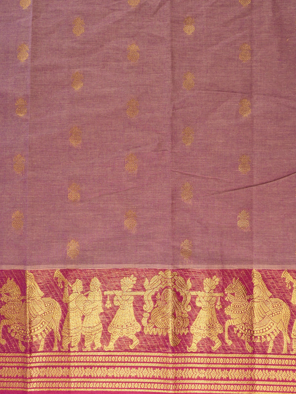 Dusty mauve Chettinad cotton saree with gold zari buttas and contrast magenta figurative border