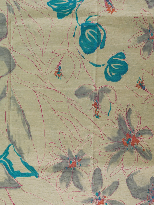 Beige and teal Dola silk saree with floral print and gold zari teal border