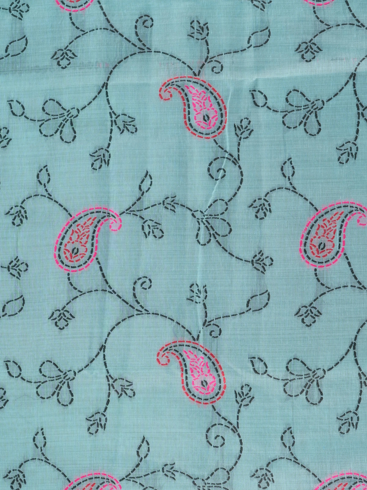 Aqua blue linen cotton saree with pink kantha paisley embroidery and contrast striped border