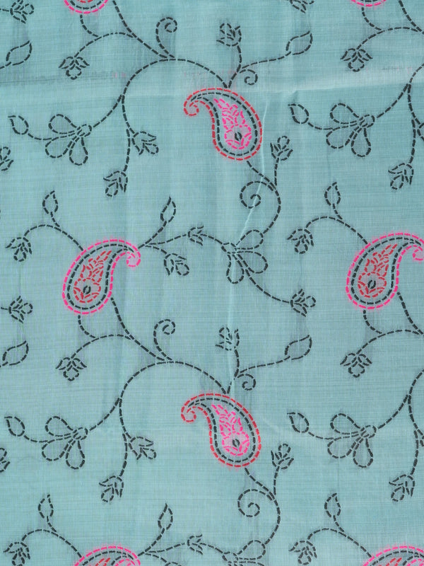 Aqua blue linen cotton saree with pink kantha paisley embroidery and contrast striped border