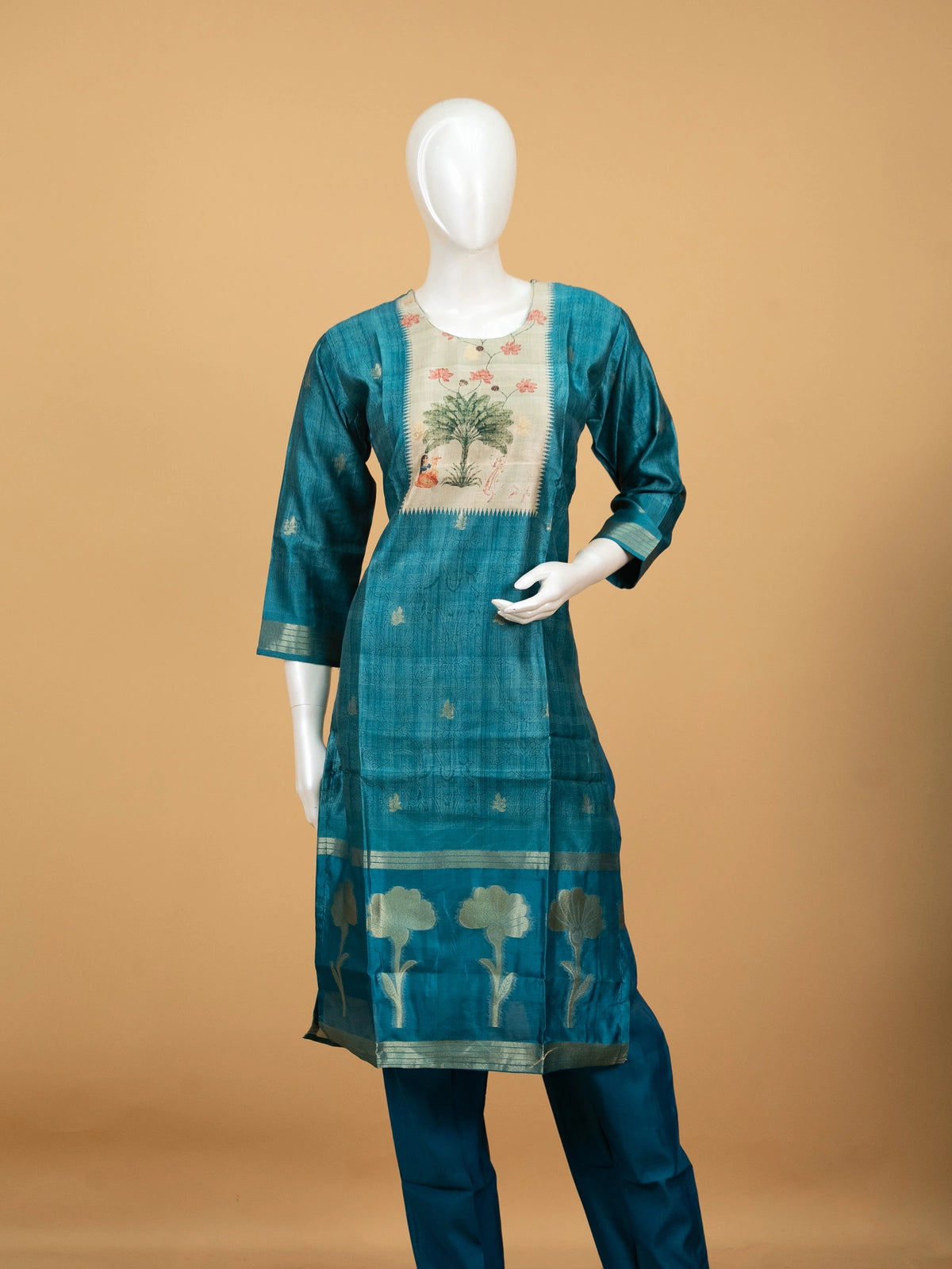 Teal tussar silk Pichwai printed straight cut kurti set with beige peacock dupatta and pants