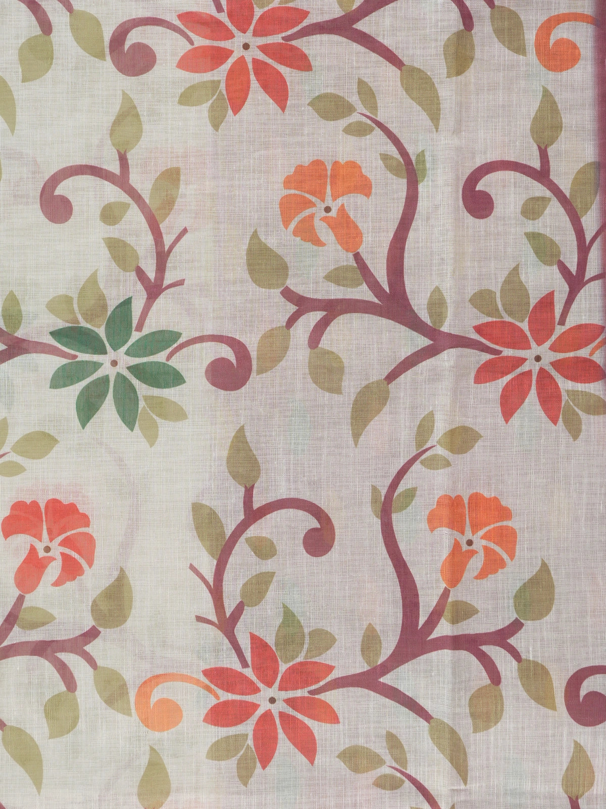 Cream linen cotton saree with floral print and onion-pink paisley border