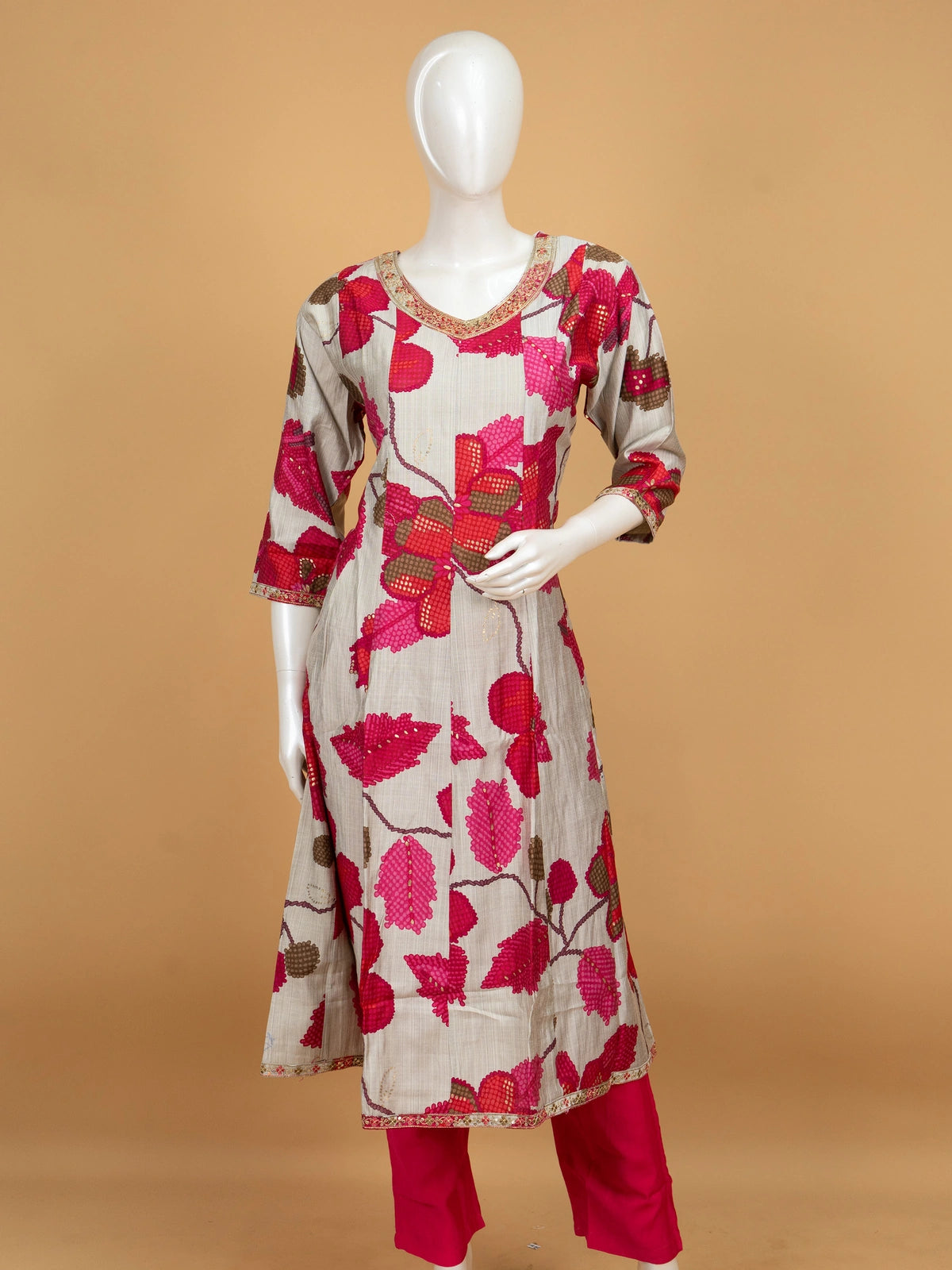 Grey floral cotton A-line kurti set with rani pink pants and sequinned dupatta