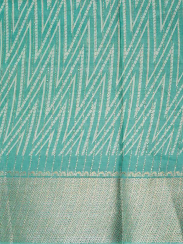 Sea green designer saree with gold zari chevron print, tree-motif pallu and contrast yellow blouse