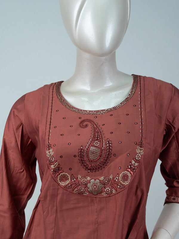 Rust cotton Anarkali kurti set with paisley embroidered yoke, straight pants, and printed cream dupatta