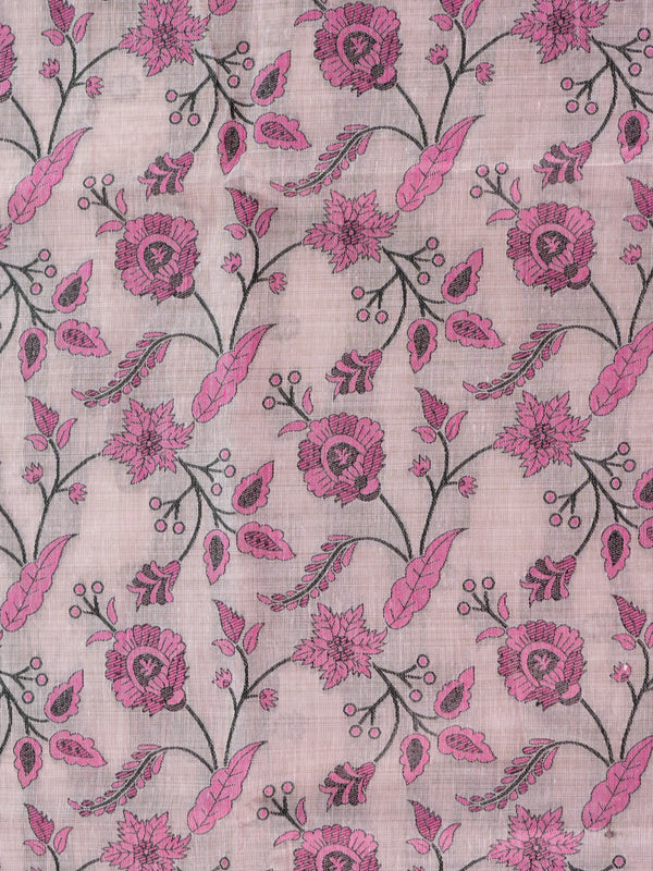 Mauve pink floral printed linen cotton saree with pink and black all-over floral jaal and matching printed border
