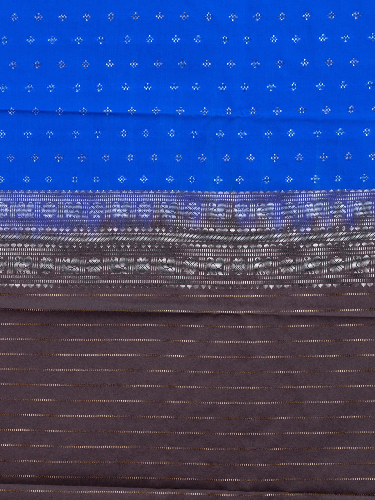Royal blue semi silk saree with silver zari stripes and contrast dark brown border and pallu