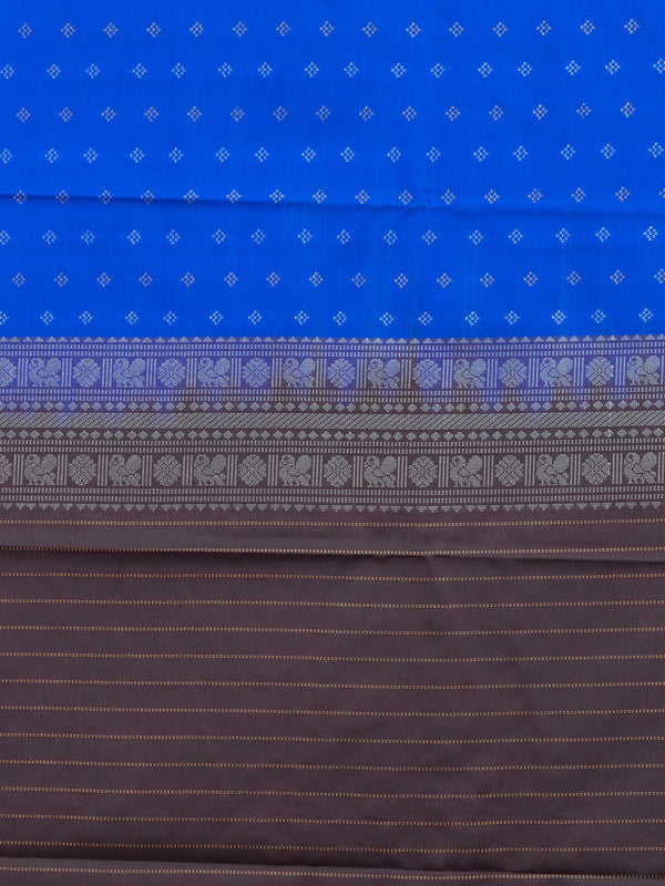 Royal blue semi silk saree with silver zari stripes and contrast dark brown border and pallu