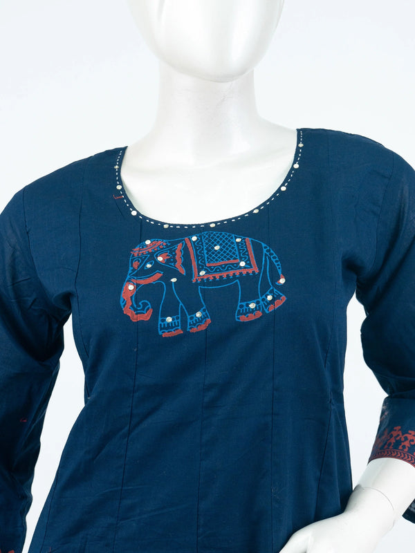 Navy Blue cotton Anarkali kurti set with rust elephant motifs, mirror work and matching printed dupatta