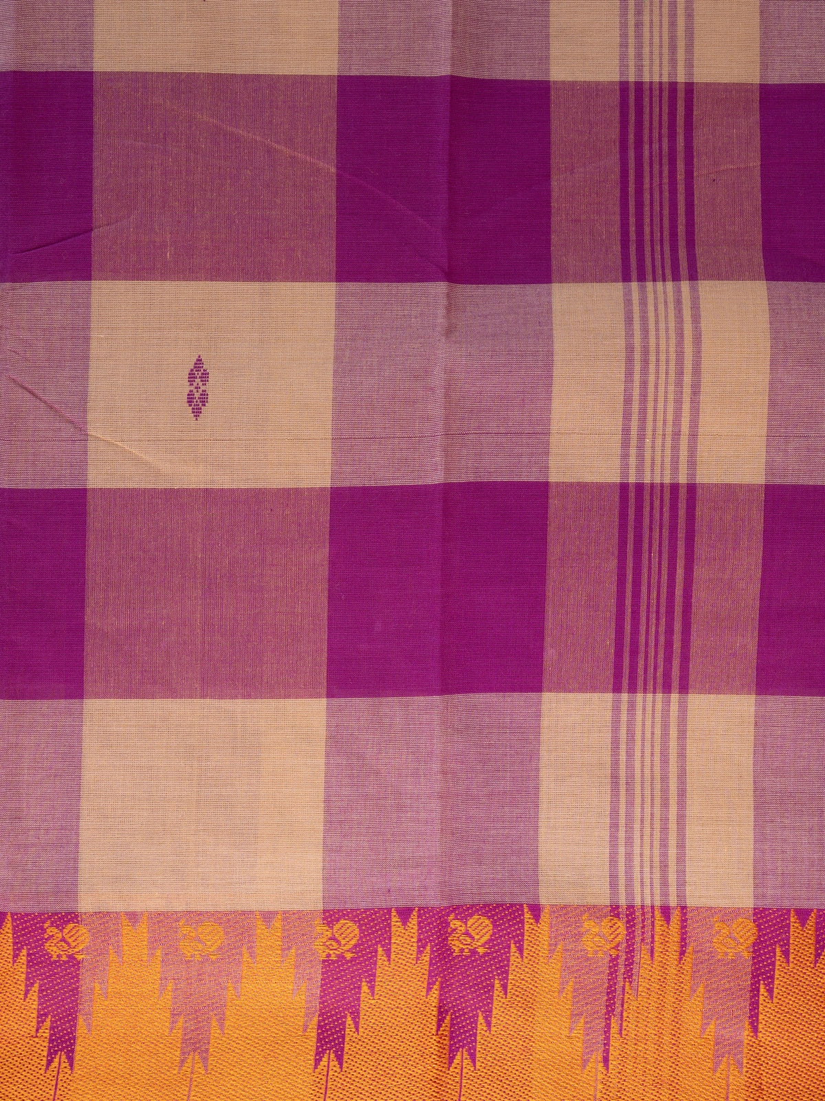 Purple and beige checked Chettinad cotton saree with contrast orange temple border