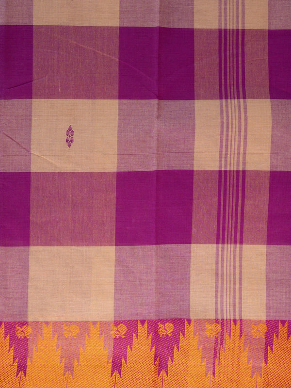 Purple and beige checked Chettinad cotton saree with contrast orange temple border