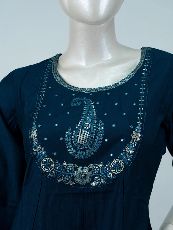 Teal blue cotton embroidered A-line kurti set with light blue printed dupatta