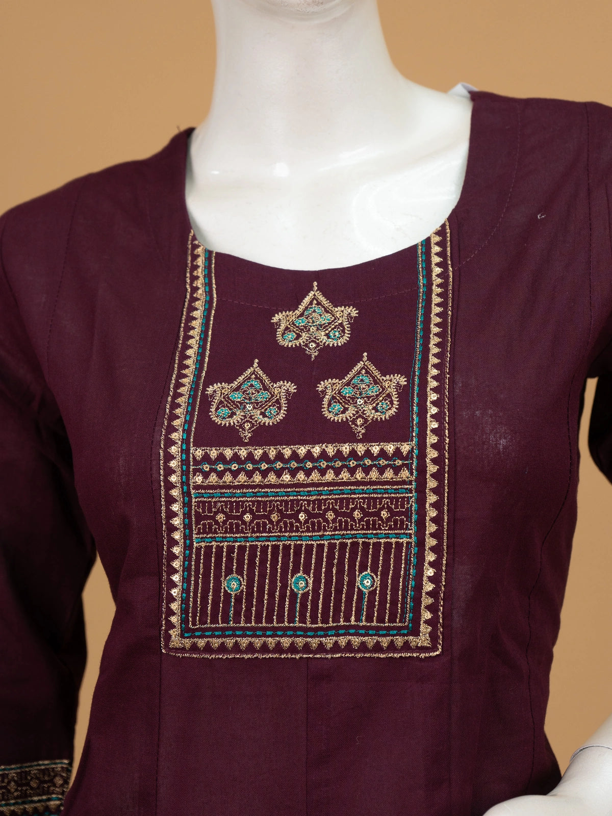 Wine cotton Anarkali kurti top with gold and teal zari embroidered yoke and 3/4 sleeves