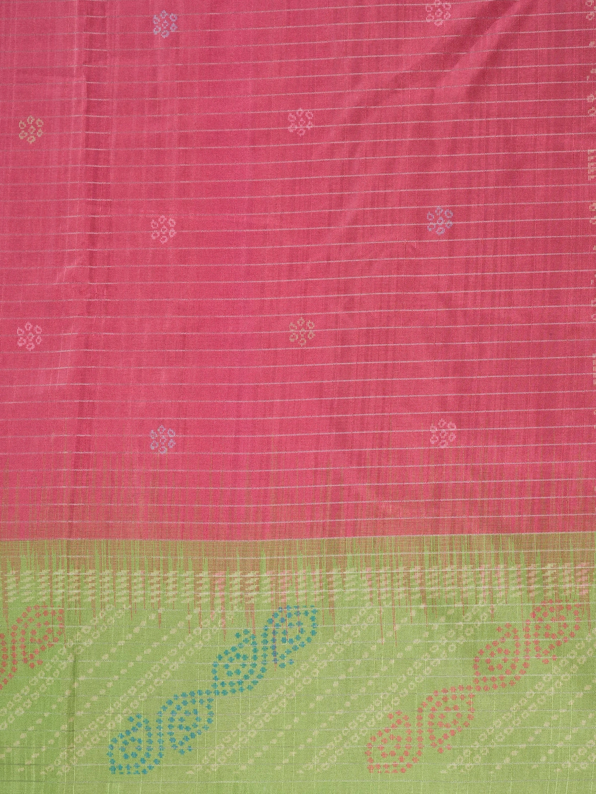 Pink Dola silk saree with contrast parrot-green border and bandhani paisley pallu