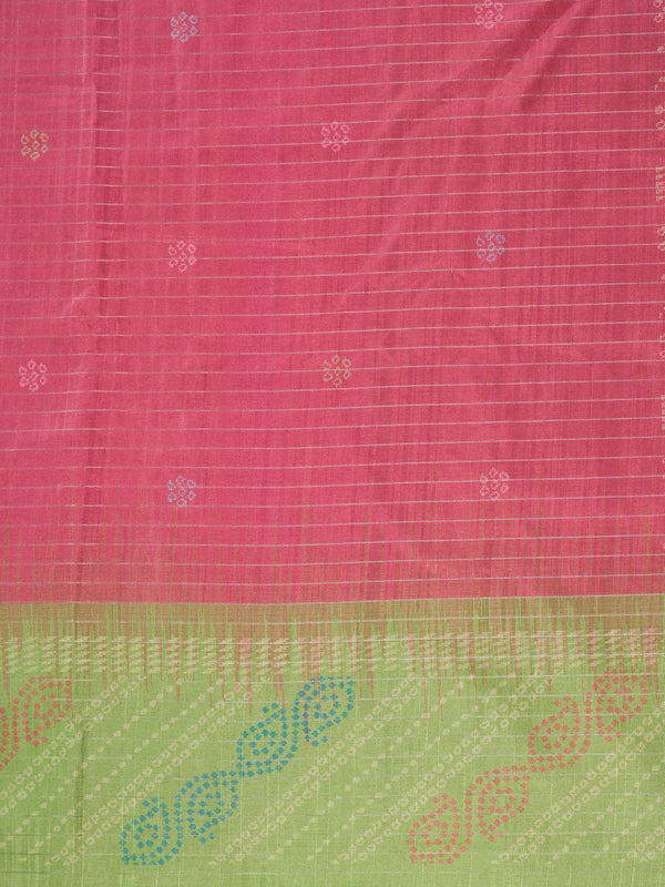 Pink Dola silk saree with contrast parrot-green border and bandhani paisley pallu