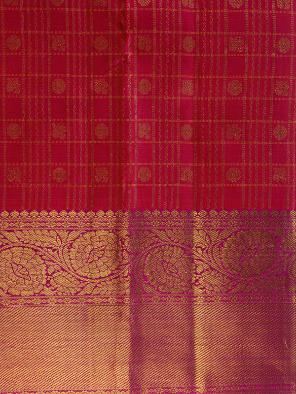 Pink and gold pure Kanchipuram silk saree with woven zari checks, floral border and ornate pallu