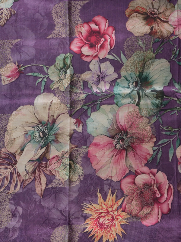 Purple Semi Tussar saree with multicolour floral print and woven zari border