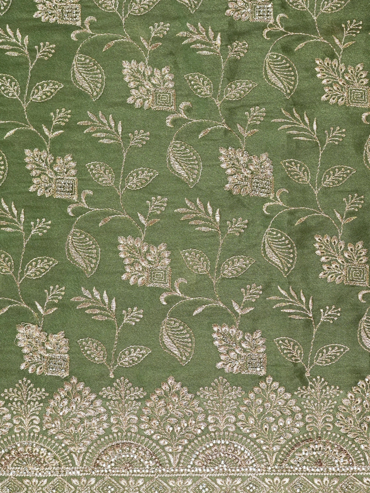 Mehendi green designer saree with gold floral zari embroidery and contrast yellow blouse