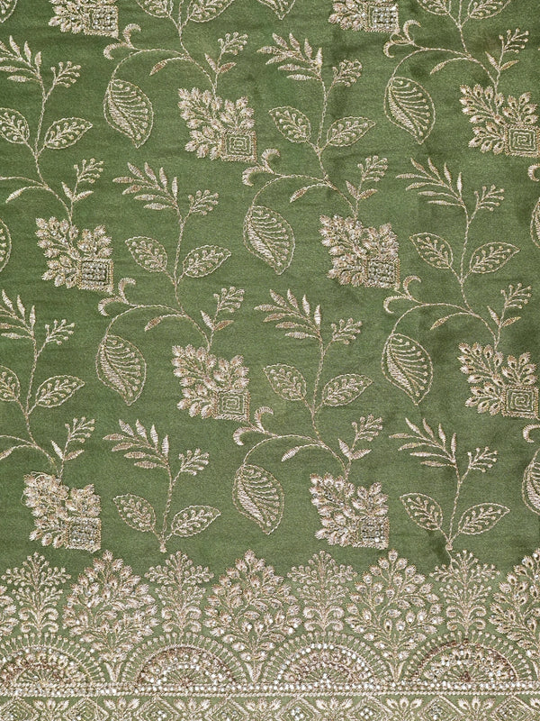Mehendi green designer saree with gold floral zari embroidery and contrast yellow blouse