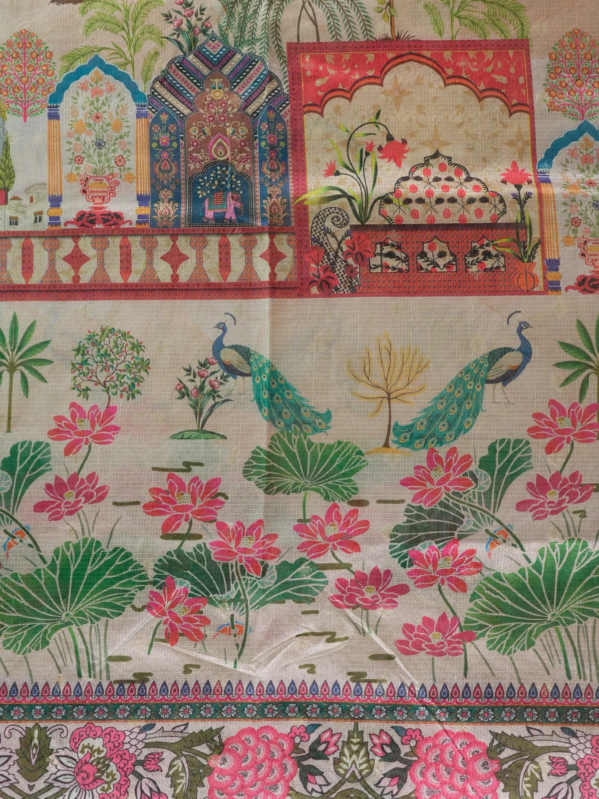 Cream semi tussar saree with multicolour Mughal-garden digital print, peacock and lotus motifs and floral border