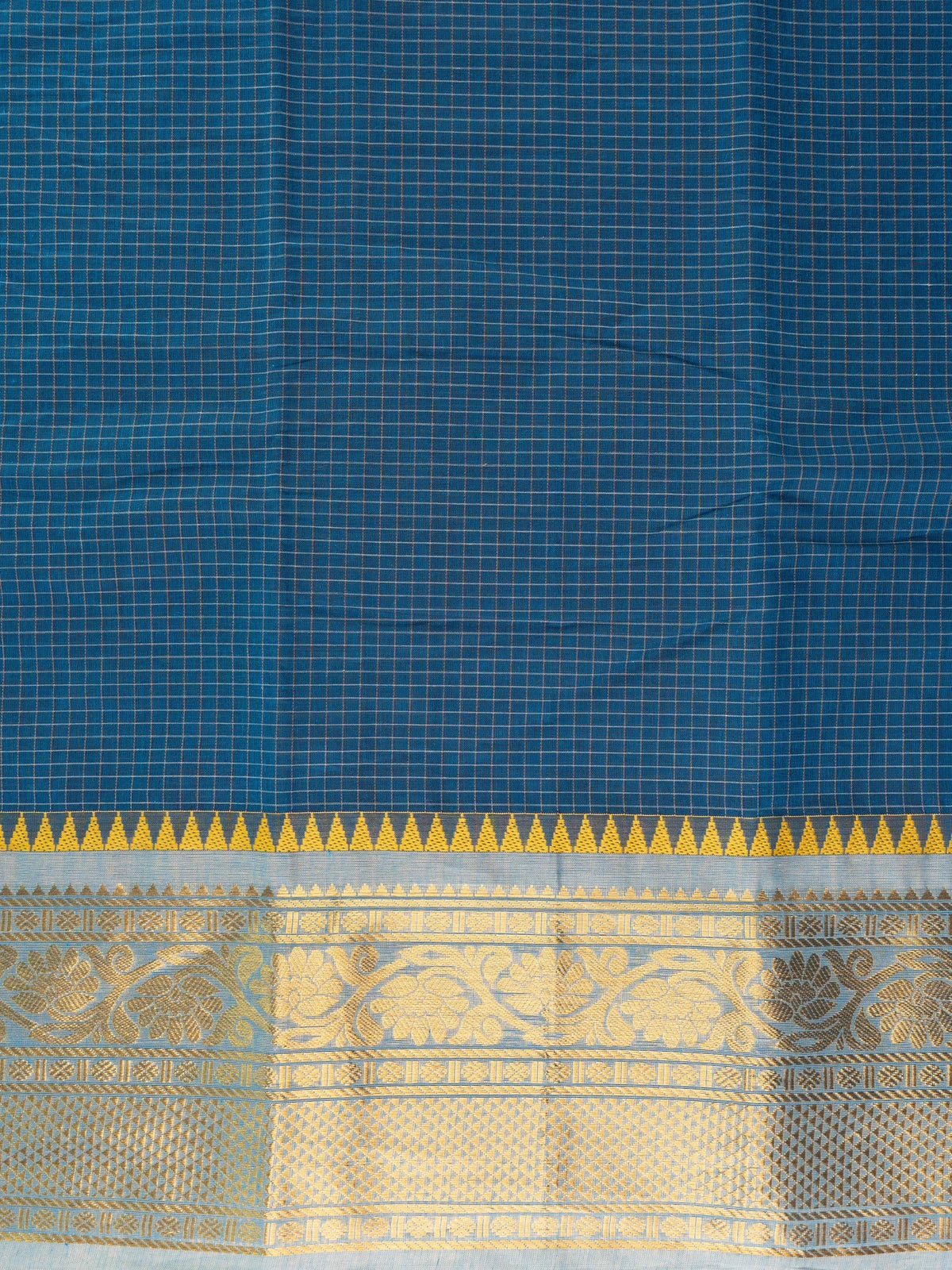 Teal blue Chettinad cotton saree with gold zari temple border, woven checks, and contrast yellow blouse